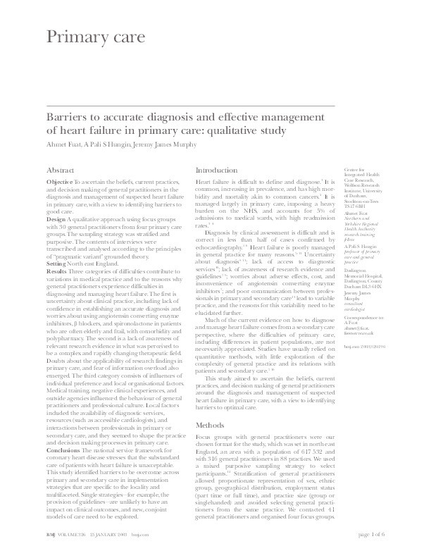 Barriers to accurate diagnosis and effective management of heart failure in primary care: qualitative study Thumbnail