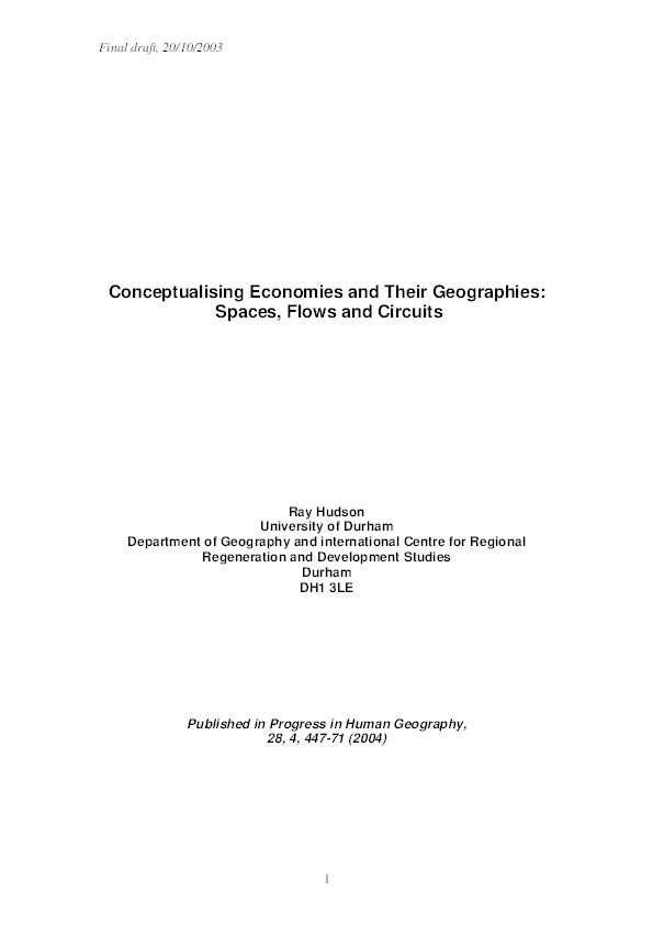 Conceptualizing economies and their geographies: spaces, flows and circuits Thumbnail