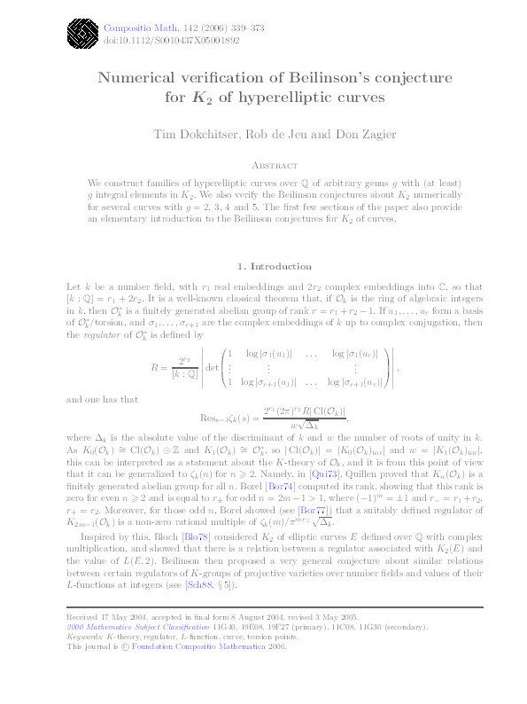 Numerical verification of Beilinson's conjecture for K_2 of hyperelliptic curves Thumbnail