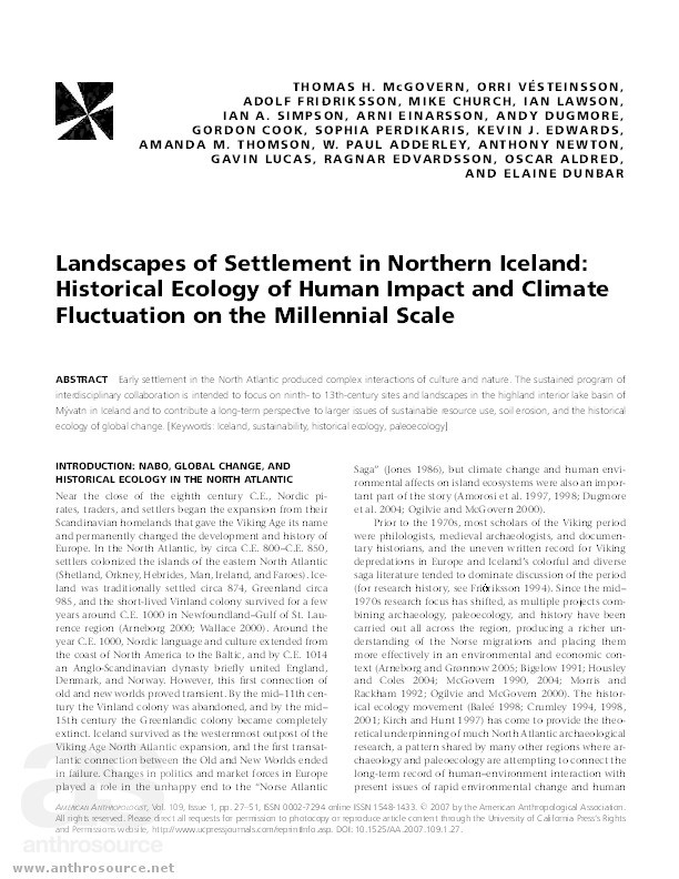 Landscapes of settlement in northern Iceland: Historical Ecology of human impact and climate fluctuation on the millennial scale Thumbnail