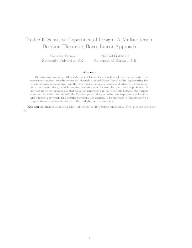 Trade-off sensitive experimental design: a multicriterion, decision theoretic, Bayes linear approach Thumbnail