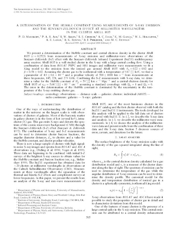 A Determination of the Hubble Constant Using Measurements of X-Ray Emission and the Sunyaev-Zeldovich Effect at Millimeter Wavelengths in the Cluster Abell 1835 Thumbnail