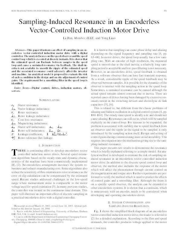 Sampling-induced resonance in an encoderless vector-controlled induction motor drive Thumbnail