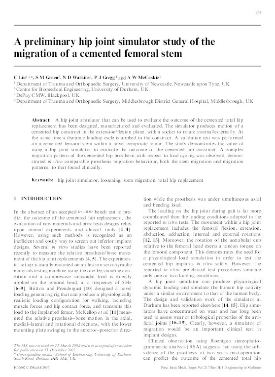 A preliminary hip joint simulator study of the migration of a cemented femoral stem Thumbnail