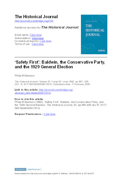 'Safety First': Baldwin, the Conservative party, and the 1929 general election Thumbnail