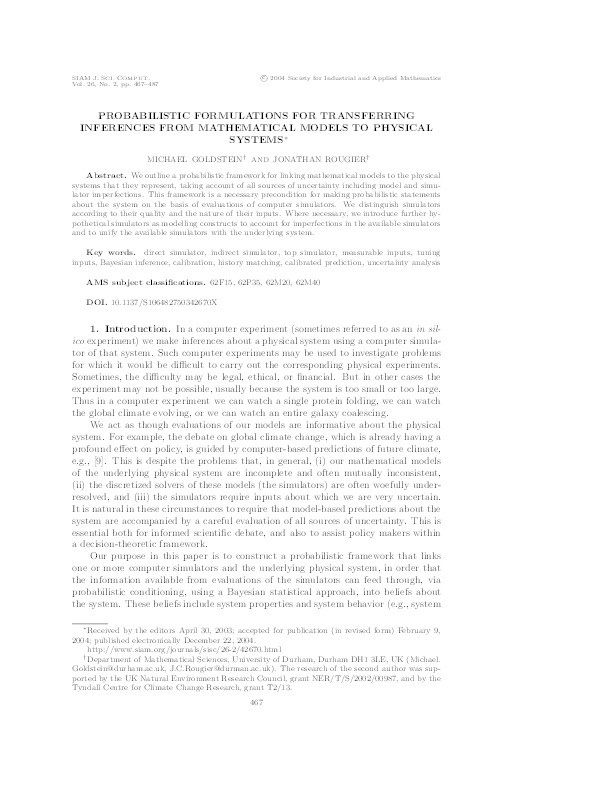 Probabilistic Formulations for Transferring Inferences from Mathematical Models to Physical Systems Thumbnail