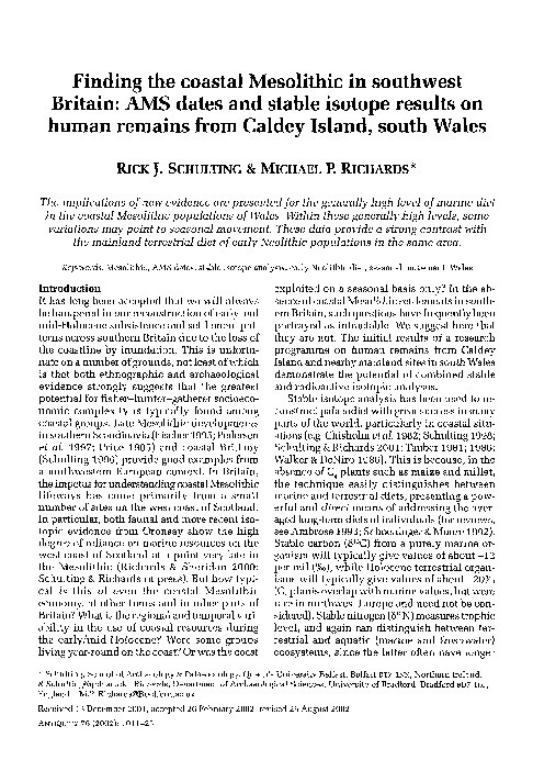 Finding the coastal Mesolithic in Southwest Britain: AMS dates and stable isotope results on human remains from Caldey Island, South Wales Thumbnail