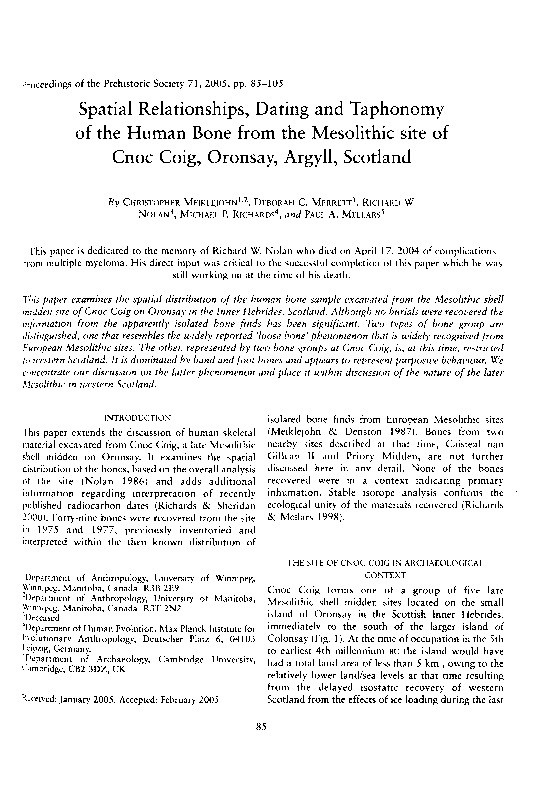 Spatial relationships, dating and taphonomy of the human bone from the Mesolithic site of Cnoc Coig, Oronsay, Argyll, Scotland Thumbnail