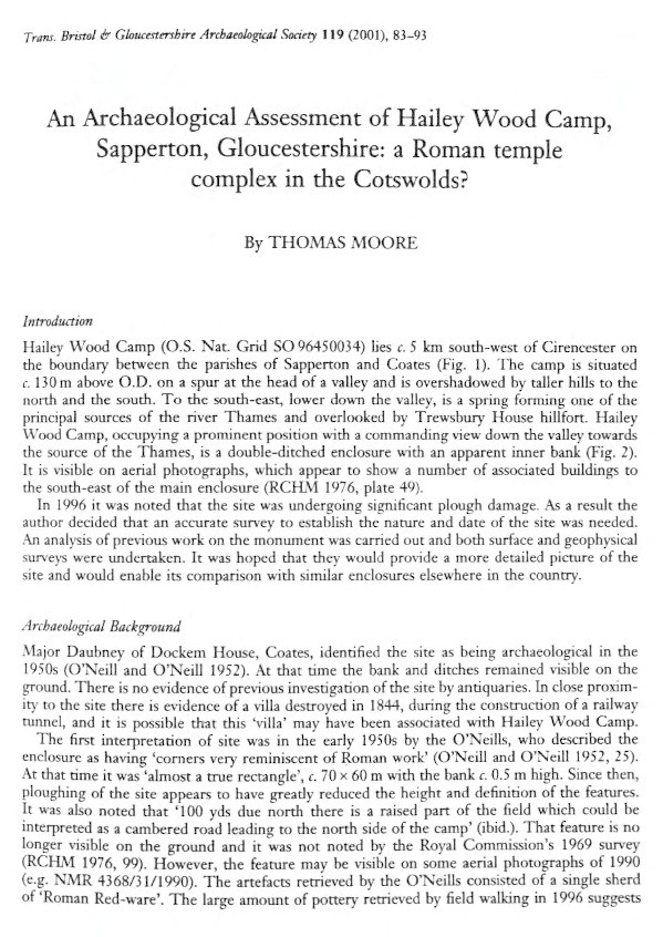 An archaeological assessment of Hailey Wood Camp, Sapperton, Gloucestershire: a Roman temple complex in the Cotswolds? Thumbnail