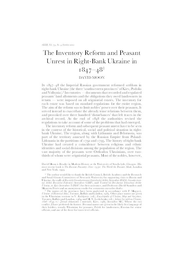 The inventory reform and peasant unrest in right-bank Ukraine in 1847-48 Thumbnail