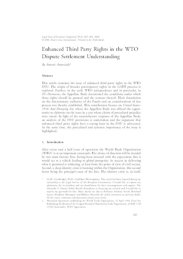 'Enhanced Third Party Rights in the WTO Dispute Settlement Understanding' Thumbnail