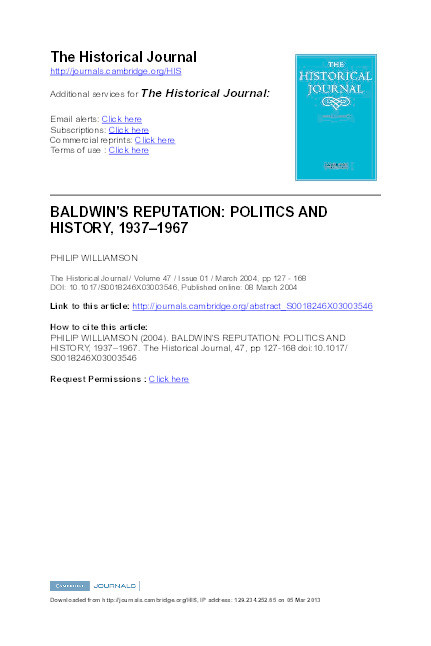 Baldwin's reputation: politics and history, 1937-1967 Thumbnail