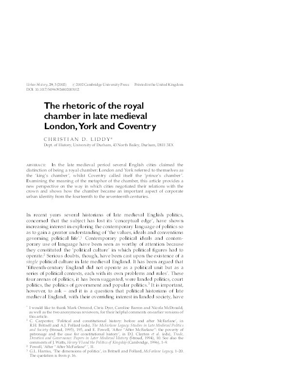 The rhetoric of the royal chamber in late medieval London, York and Coventry Thumbnail