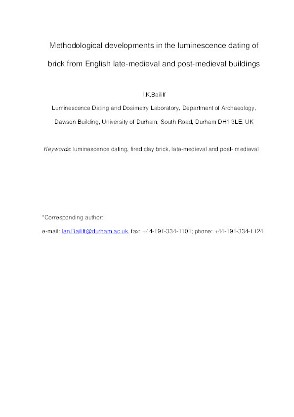 Methodological developments in the luminescence dating of brick from English late medieval and post medieval buildings Thumbnail