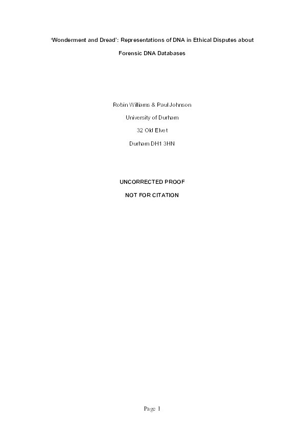 Wonderment and Dread: Representations of DNA in Ethical Disputes about Forensic DNA Databases Thumbnail