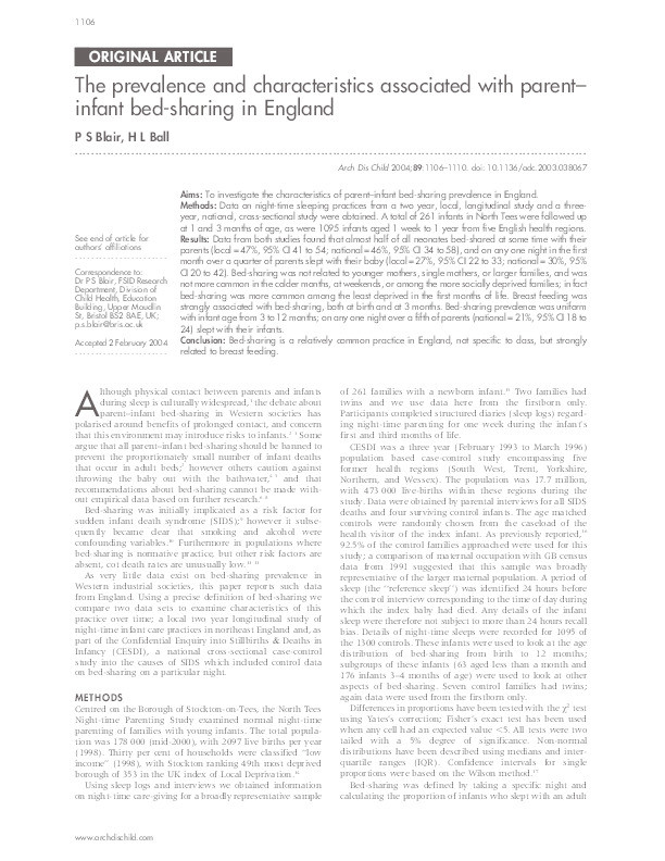 The prevalence and characteristics associated with parent–infant bed-sharing in England Thumbnail