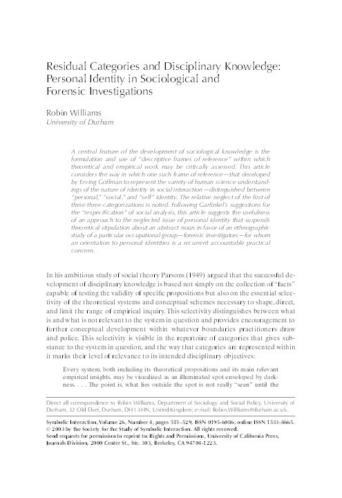 Residual Categories and Disciplinary Knowledge: Personal Identity in Sociological and Forensic Investigations Thumbnail