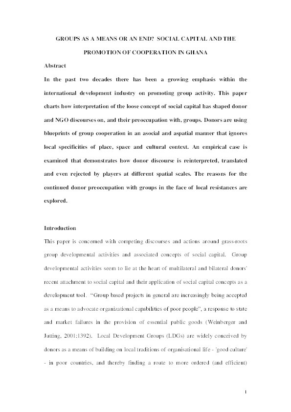 Groups as a means or an end? Social capital and the promotion of cooperation in Ghana Thumbnail