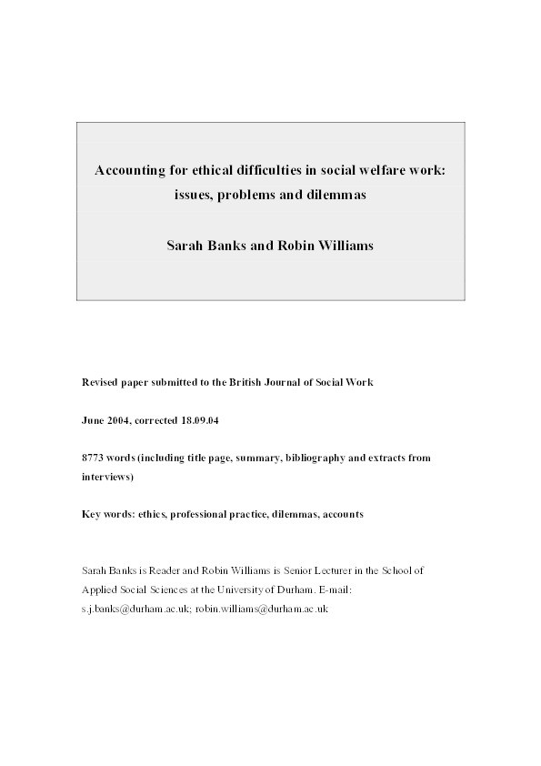 Accounting for Ethical Difficulties in Social Welfare Work: Issues, Problems and Dilemmas Thumbnail