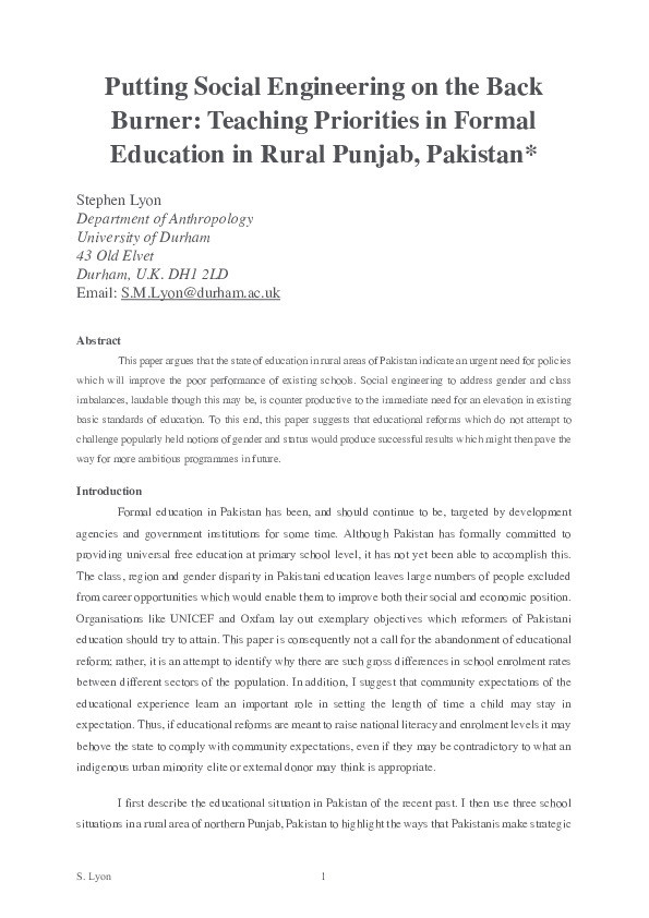 Putting social engineering on the back burner: teaching priorities in formal education in rural Punjab, Pakistan Thumbnail