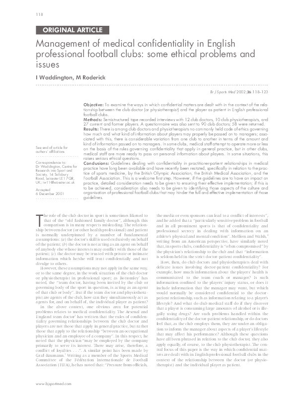 Management of medical confidentiality in English professional football clubs : some ethical problems and issues Thumbnail