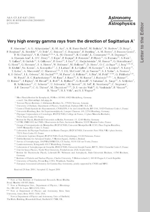 Very high energy gamma rays from the direction of Sagittarius A<SUP>*</SUP> Thumbnail
