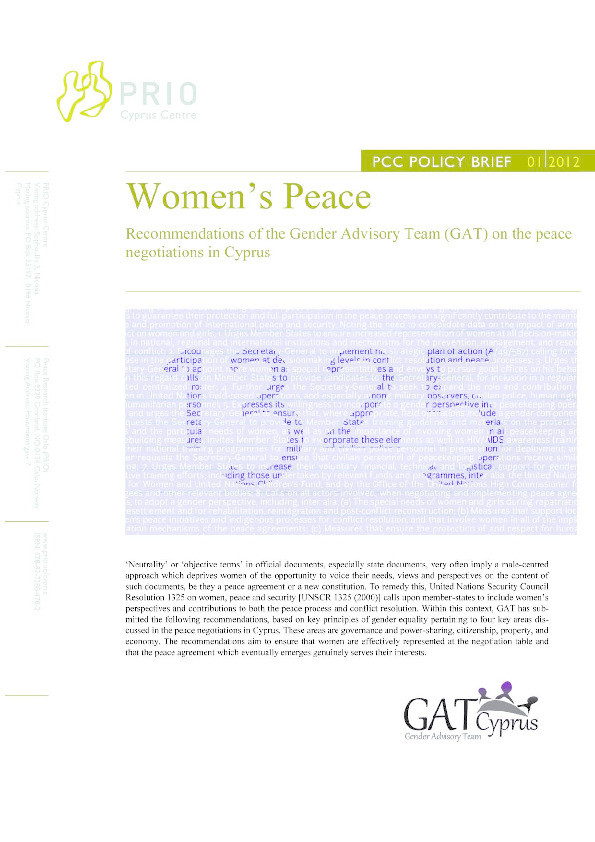 Women's Peace in Cyprus: Recommendations of the Gender Advisory Team (GAT) on the Peace Negotiations in Cyprus Thumbnail