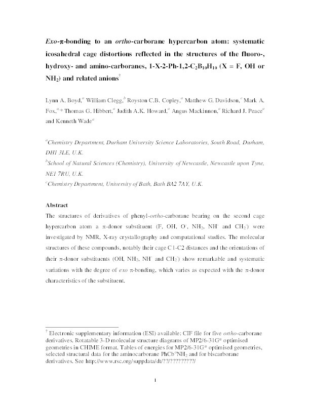 Exo-π-bonding to an ortho-carborane hypercarbon atom: systematic icosahedral cage distortions reflected in the structures of the fluoro-, hydroxy- and amino-carboranes, 1-X-2-Ph-1,2-C2B10H10 (X = F, OH or NH2) and related anions Thumbnail