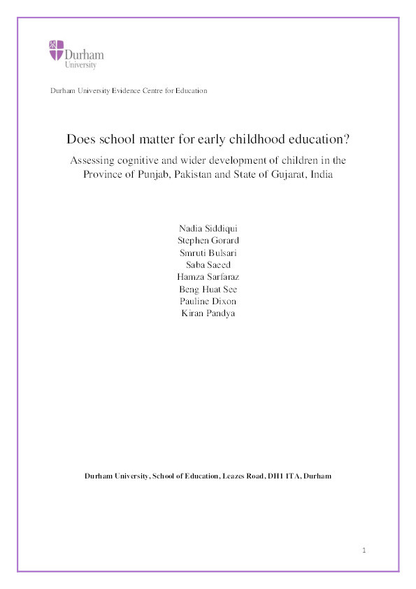 Does school matter for early childhood education? Assessing cognitive and wider development of children in the Province of Punjab, Pakistan and State of Gujarat, India Thumbnail