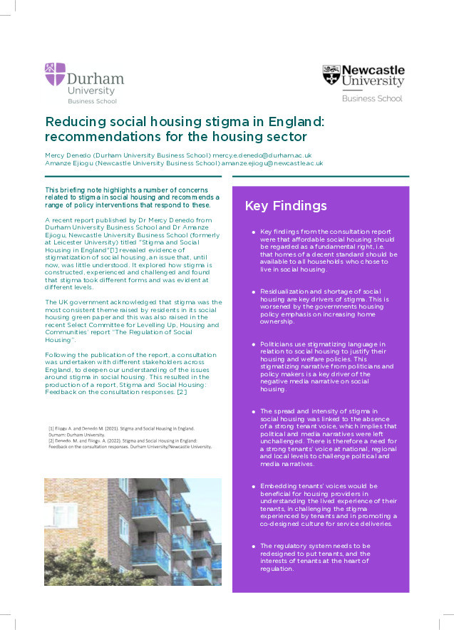 Reducing social housing stigma in England: recommendations for the housing sector Thumbnail