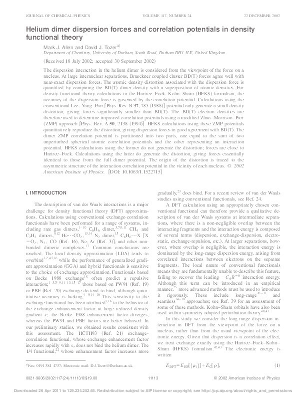 Helium dimer dispersion forces and correlation potentials in density functional theory Thumbnail