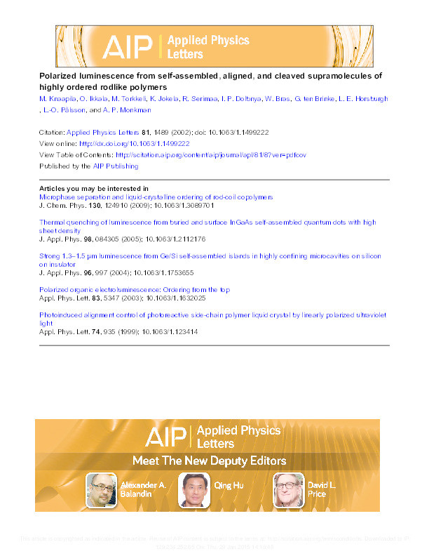 Polarized luminescence from self-assembled, aligned, and cleaved supramolecules of highly ordered rodlike polymers Thumbnail