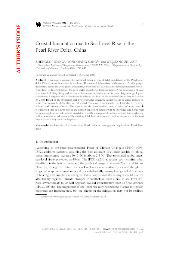 Coastal Inundation due to Sea Level Rise in the Pearl River Delta, China Thumbnail