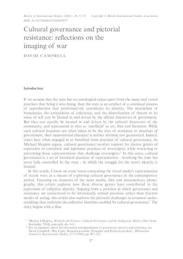 Cultural governance and pictorial resistance: reflections on the imaging of war Thumbnail