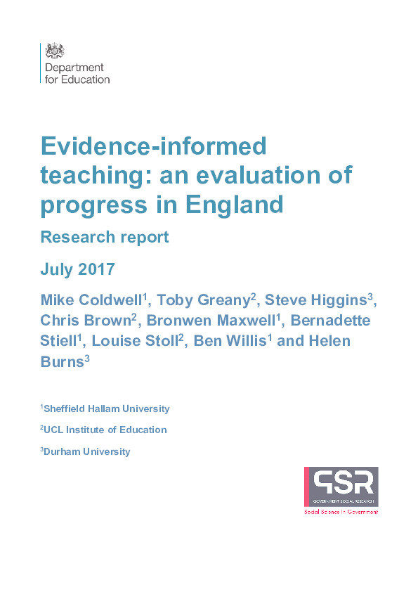 Evidence-informed teaching: an evaluation of progress in England. Research report July 2017 (DFE- RR696) Thumbnail