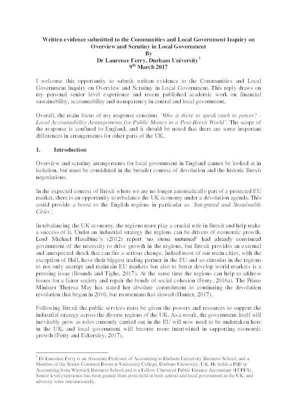 Written evidence submitted to the Communities and Local Government Inquiry on Overview and Scrutiny in Local Government Thumbnail