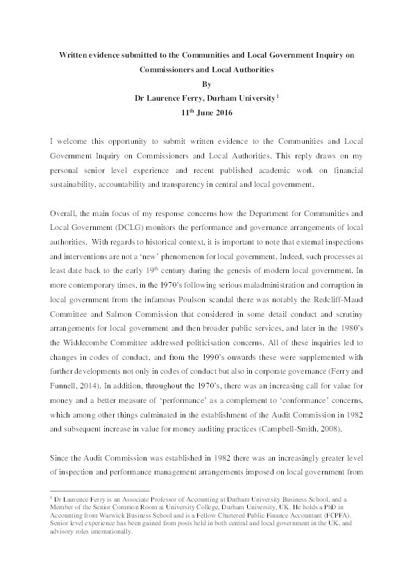 Evidence to the Inquiry on Local Authorities and Commissioners. Parliament’s Communities and Local Government Committee Thumbnail