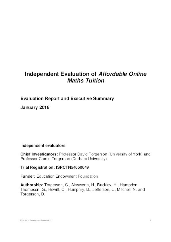 Affordable online maths tuition: evaluation report and executive summary Thumbnail