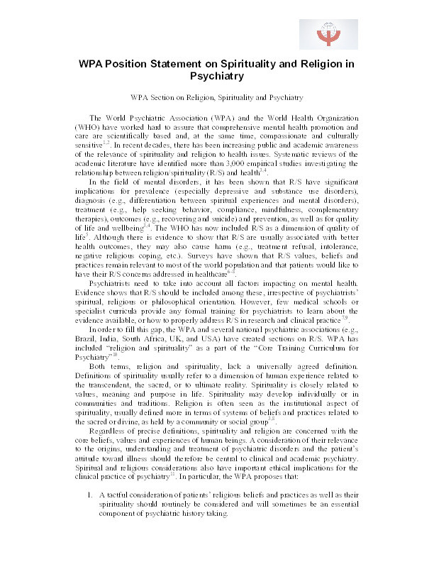 WPA Position Statement on Spirituality and Religion in Psychiatry Thumbnail