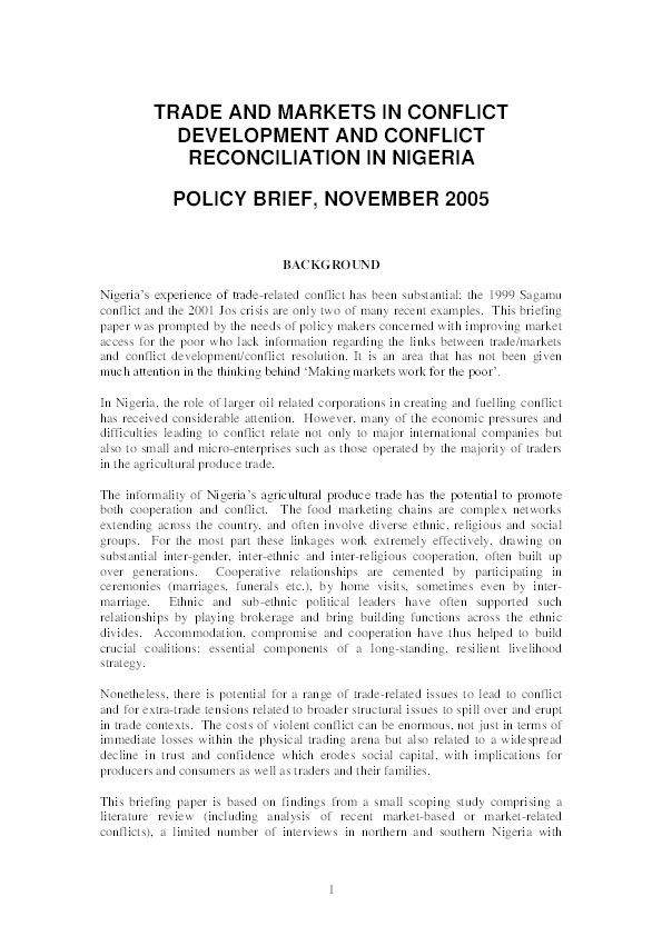 Trade and markets in conflict development and conflict resolution in Nigeria. Policy Brief prepared for Nigerian government ministries and international donor agencies Thumbnail
