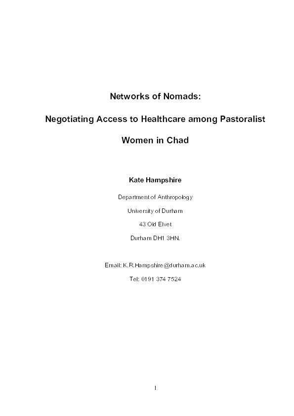 Networks of nomads: negotiating access to health resources among pastoralist women in Chad Thumbnail