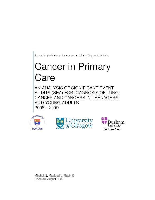 Cancer in Primary Care: an analysis of significant event audits (sea) for diagnosis of lung cancer and cancers in teenagers and young adults 2008-2009 Thumbnail