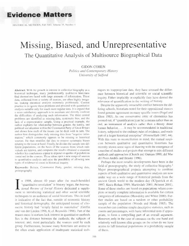 'Missing, Biased and Unrepresentative: The quantitative analysis of multisource biographical data' Thumbnail