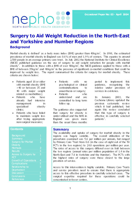 Surgery aid to aid weight reduction in the North-East and Yorkshire and Humber regions Thumbnail