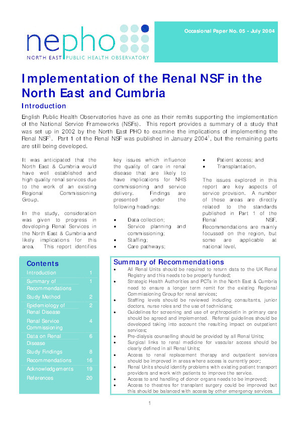 Implementation of the renal NSF in the North East and Cumbria Thumbnail