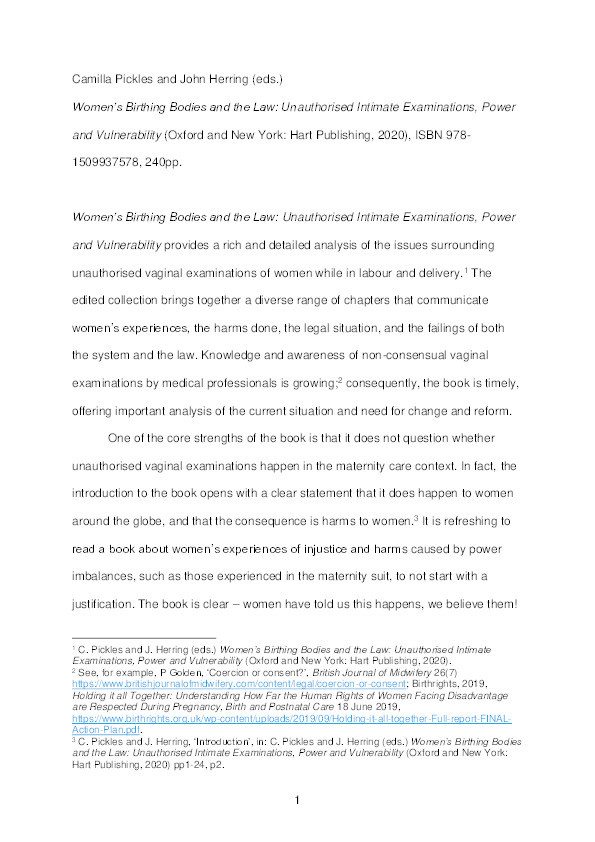 Women’s Birthing Bodies and the Law: Unauthorised Intimate Examinations, Power and Vulnerability, edited by Camilla Pickles and John Herring Thumbnail