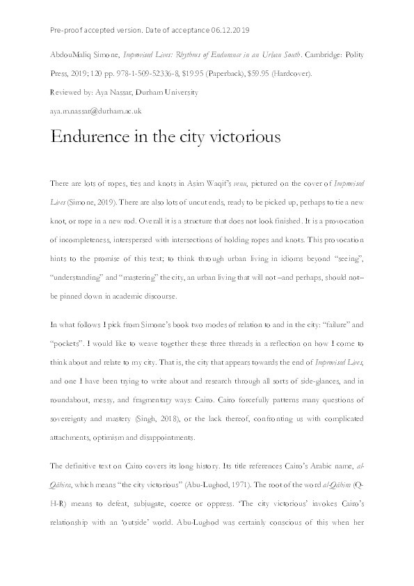 Endurance in the city victorious (Book review forum: Improvised Lives: Rhythms of Endurance in an Urban South) Thumbnail