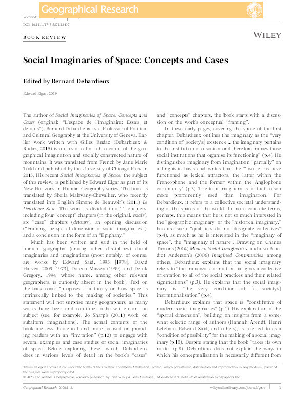 Social Imaginaries of Space: Concepts and Cases. Bernard Debardieux Edward Elgar, 2019 Thumbnail