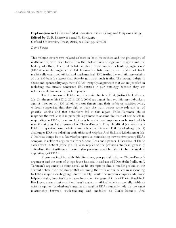 Review of Explanation in Ethics and Mathematics: Debunking and Dispensability Thumbnail