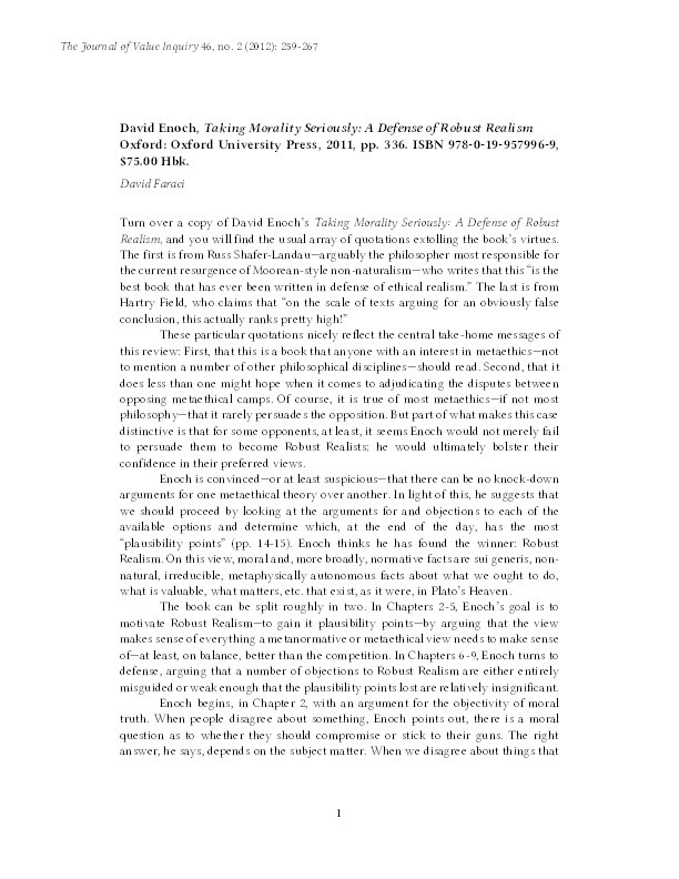 Review of David Enoch, Taking Morality Seriously: A Defense of Robust Realism Thumbnail